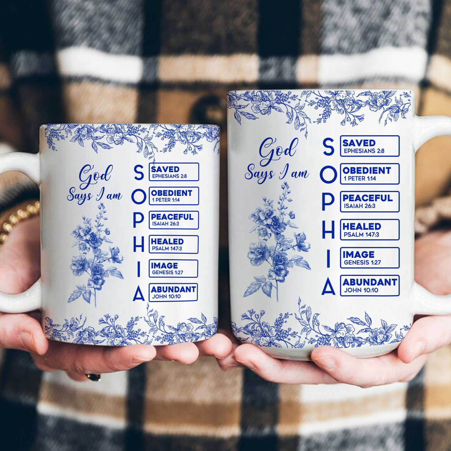 God Says I Am Name Letter In Bible Birth Flower Toile De Jouy Style - Personalized Mug - Christian Gift, Bible Verses