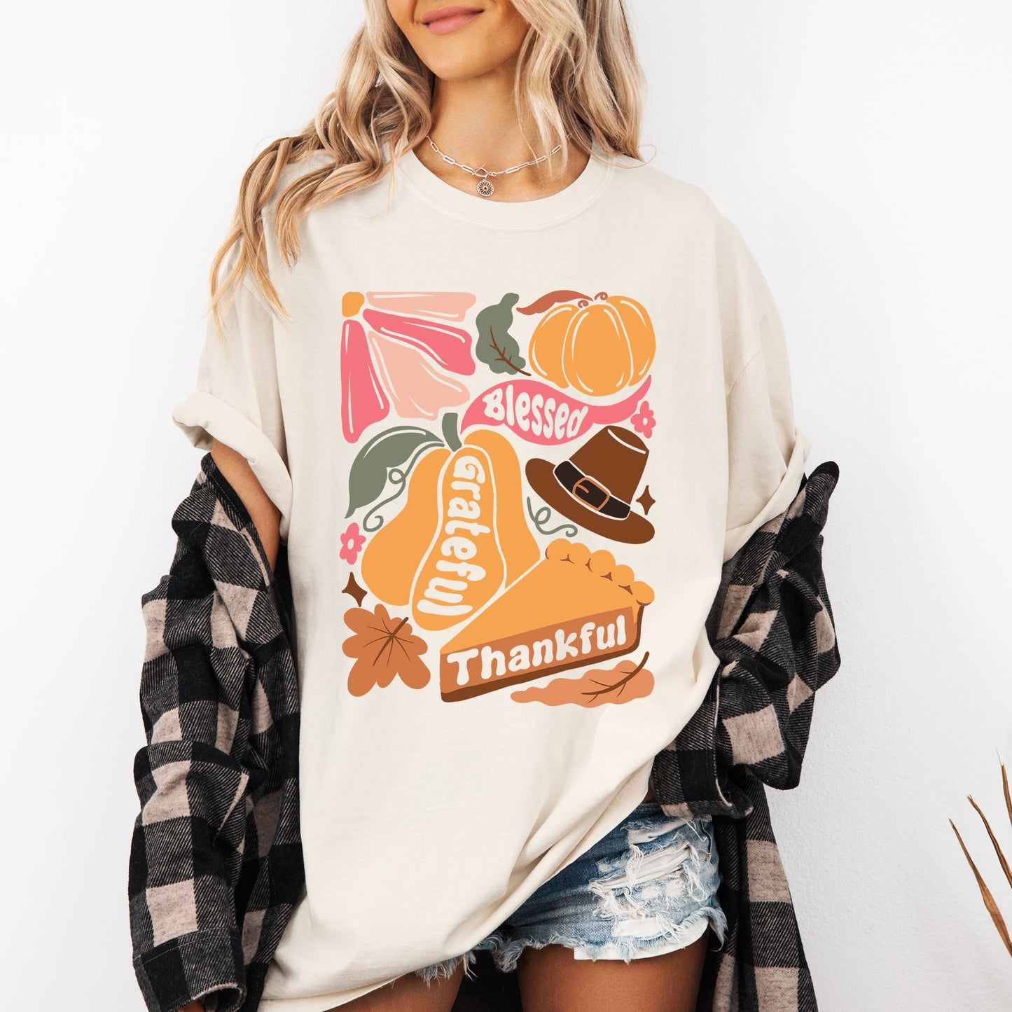 Grateful, Thankful, Blessed, Autumn, Thanksgiving, Flowers, Pumpkins, Pilgrims Tshirt Comfort Colors T-Shirt