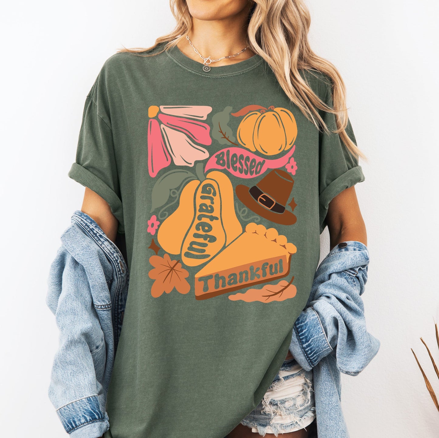 Grateful, Thankful, Blessed, Autumn, Thanksgiving, Flowers, Pumpkins, Pilgrims Tshirt Comfort Colors T-Shirt