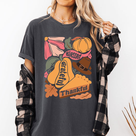 Grateful, Thankful, Blessed, Autumn, Thanksgiving, Flowers, Pumpkins, Pilgrims Tshirt Comfort Colors T-Shirt