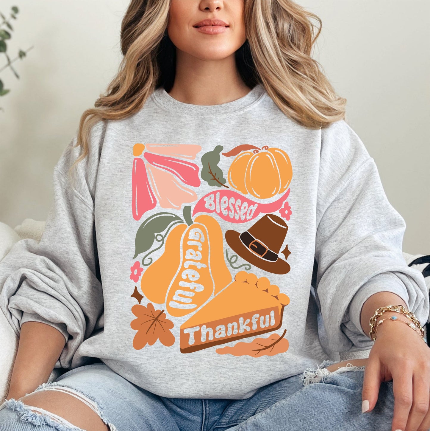 Grateful, Thankful, Blessed, Autumn, Thanksgiving, Flowers, Pumpkins, Pilgrims Sweatshirt