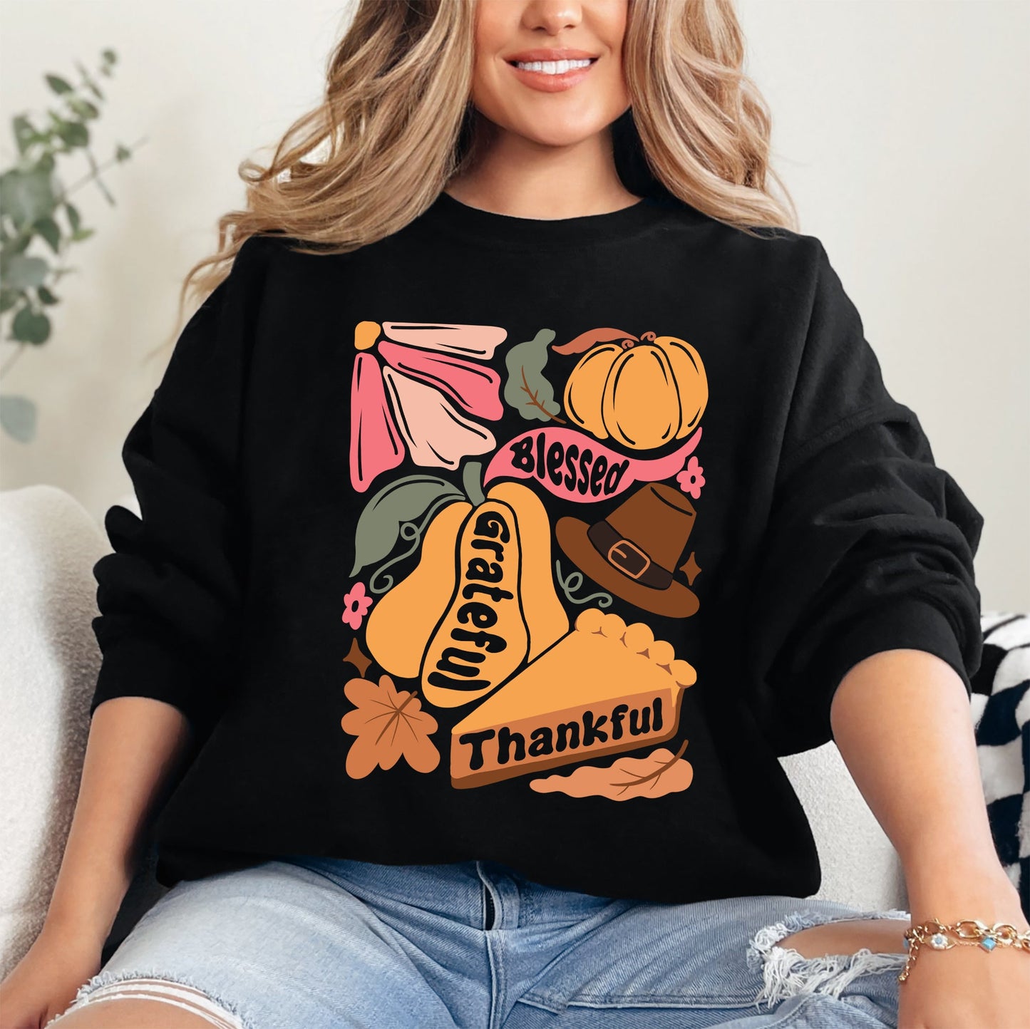 Grateful, Thankful, Blessed, Autumn, Thanksgiving, Flowers, Pumpkins, Pilgrims Sweatshirt