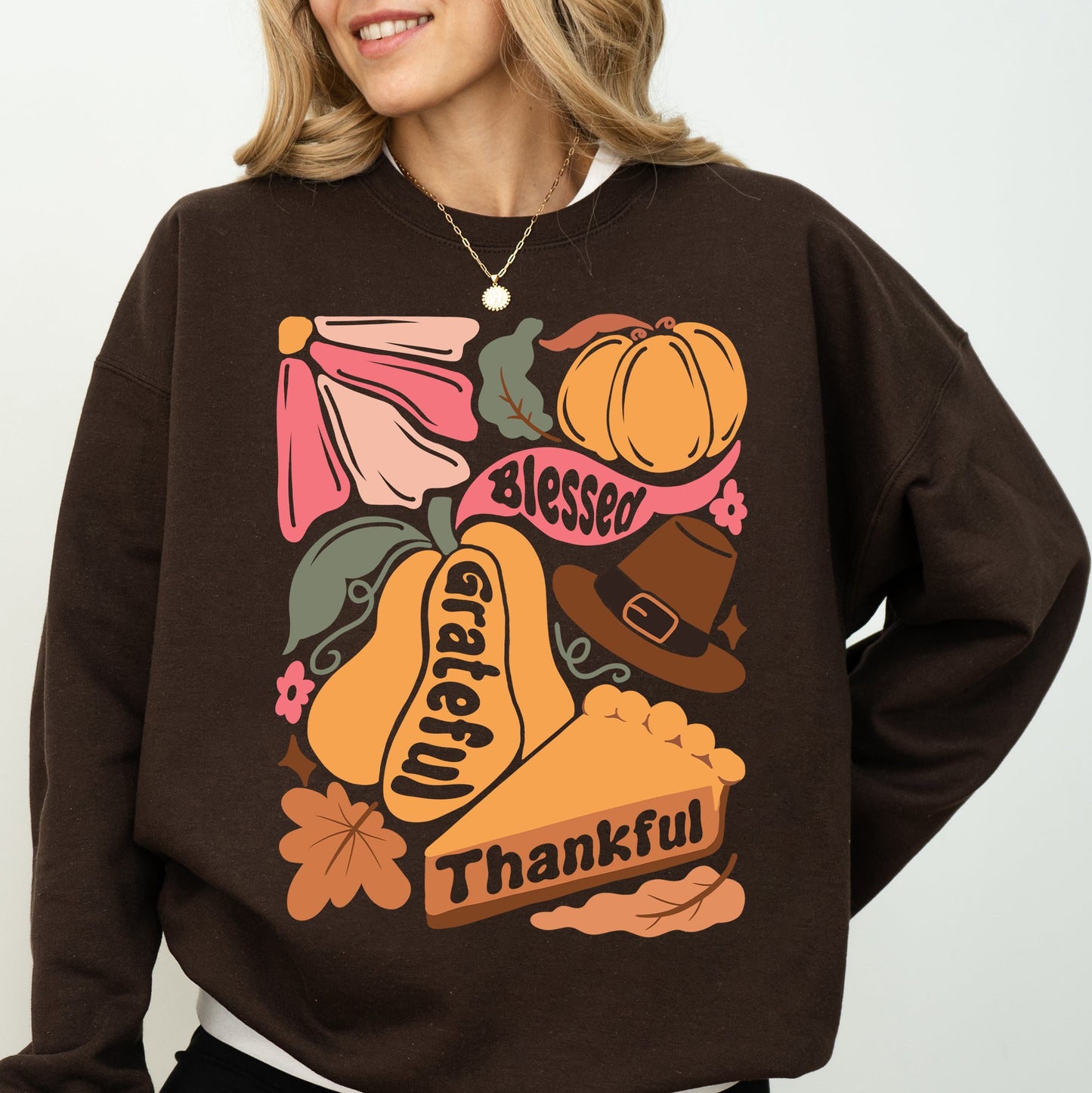 Grateful, Thankful, Blessed, Autumn, Thanksgiving, Flowers, Pumpkins, Pilgrims Sweatshirt