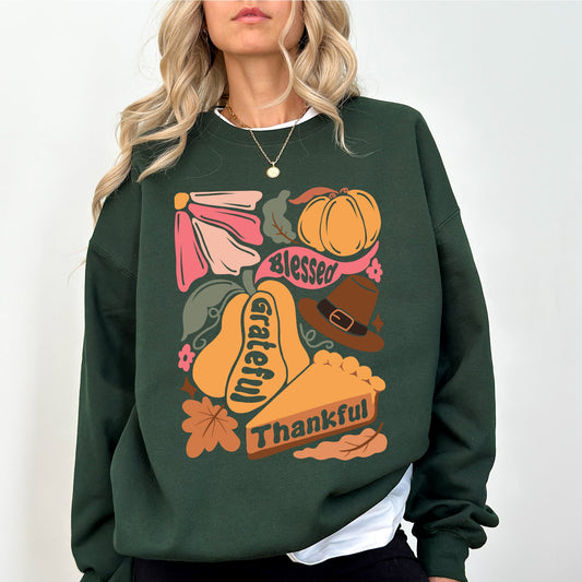 Grateful, Thankful, Blessed, Autumn, Thanksgiving, Flowers, Pumpkins, Pilgrims Sweatshirt