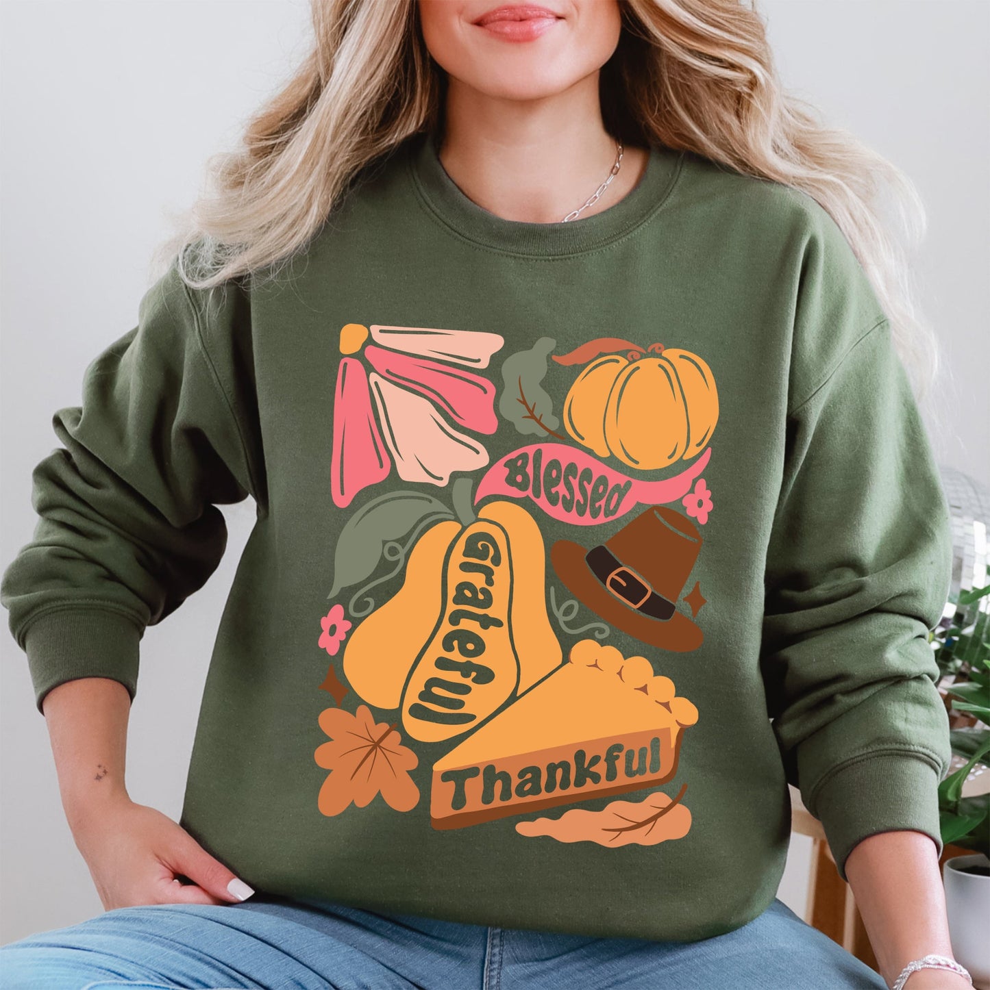 Grateful, Thankful, Blessed, Autumn, Thanksgiving, Flowers, Pumpkins, Pilgrims Sweatshirt