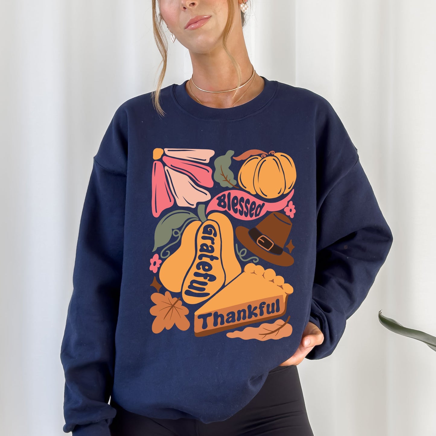 Grateful, Thankful, Blessed, Autumn, Thanksgiving, Flowers, Pumpkins, Pilgrims Sweatshirt