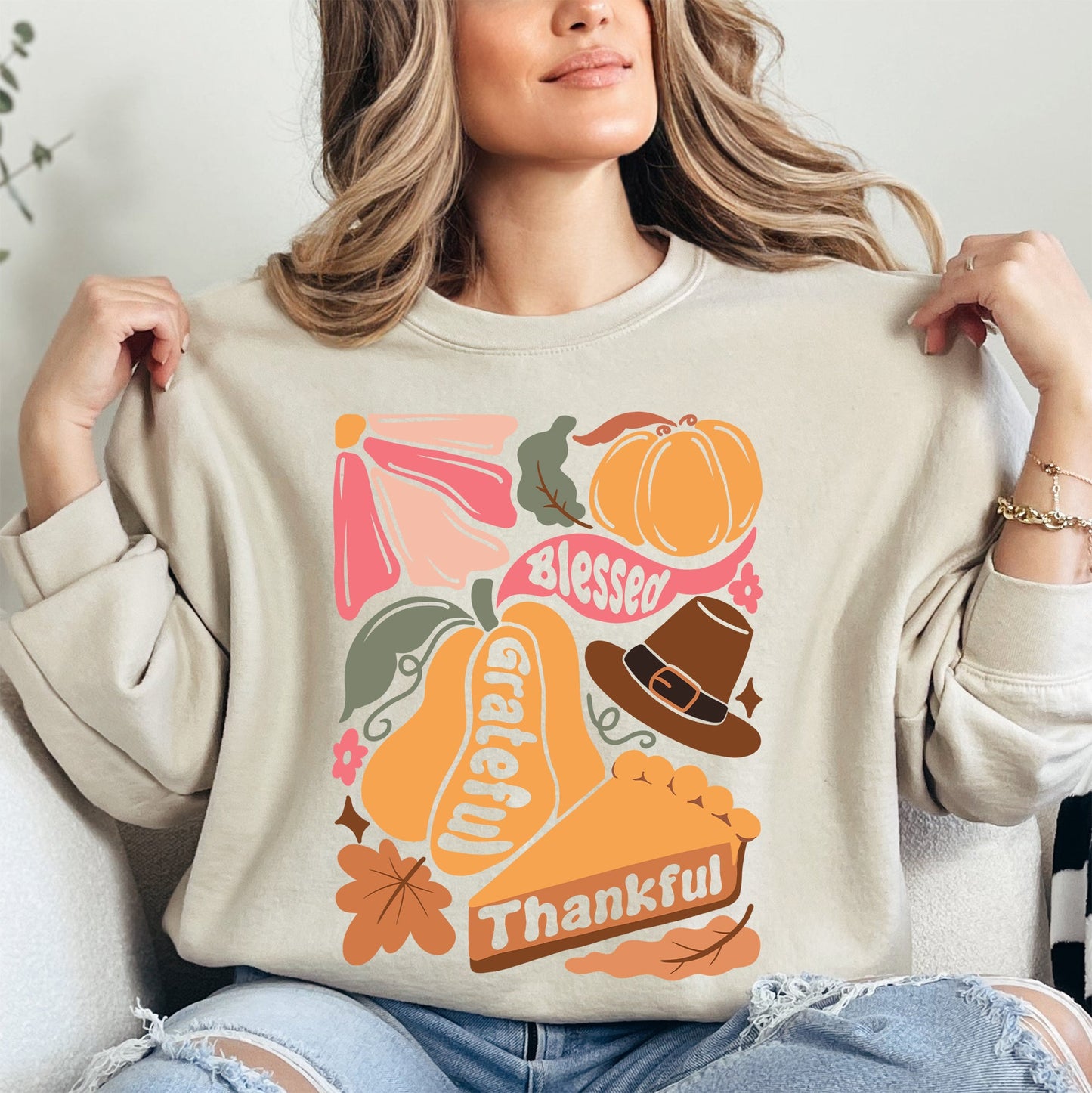 Grateful, Thankful, Blessed, Autumn, Thanksgiving, Flowers, Pumpkins, Pilgrims Sweatshirt