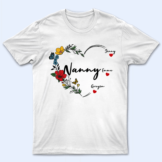 Floral Flower Wreath Valentines Day Hearts - Personalized Custom T Shirt - Gift for Grandma/Nana/Mimi, Mom, Wife, Grandparent