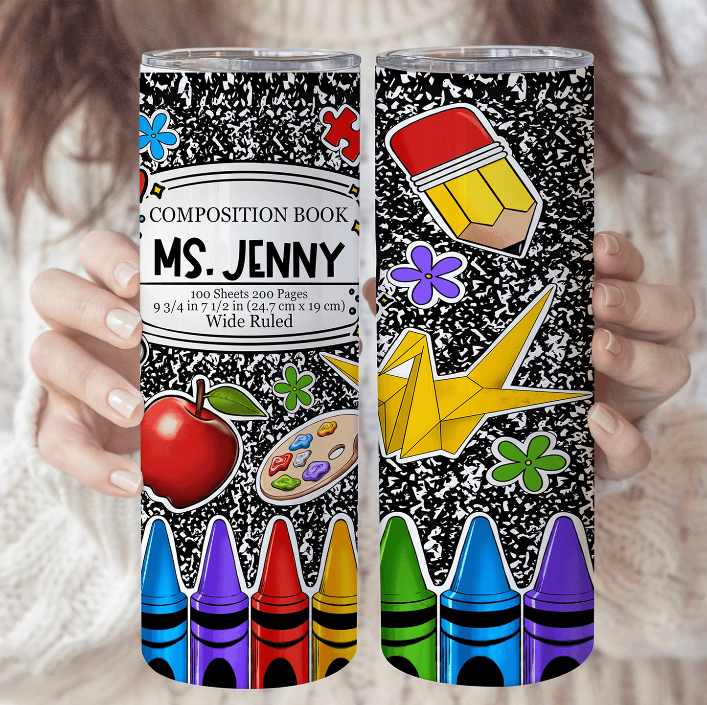 Composition Book Tumbler For Teachers - Personalized Custom 20oz Skinny Tumbler Cup - Back To School/ First Day Of School, Loving, Funny Gift for Teacher, Kindergarten, Preschool, Pre K, Paraprofessional