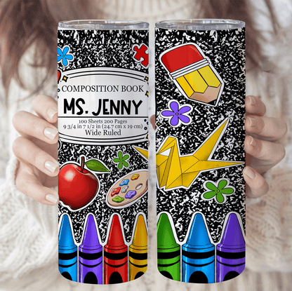 Composition Book Tumbler For Teachers - Personalized Custom 20oz Skinny Tumbler Cup - Back To School/ First Day Of School, Loving, Funny Gift for Teacher, Kindergarten, Preschool, Pre K, Paraprofessional