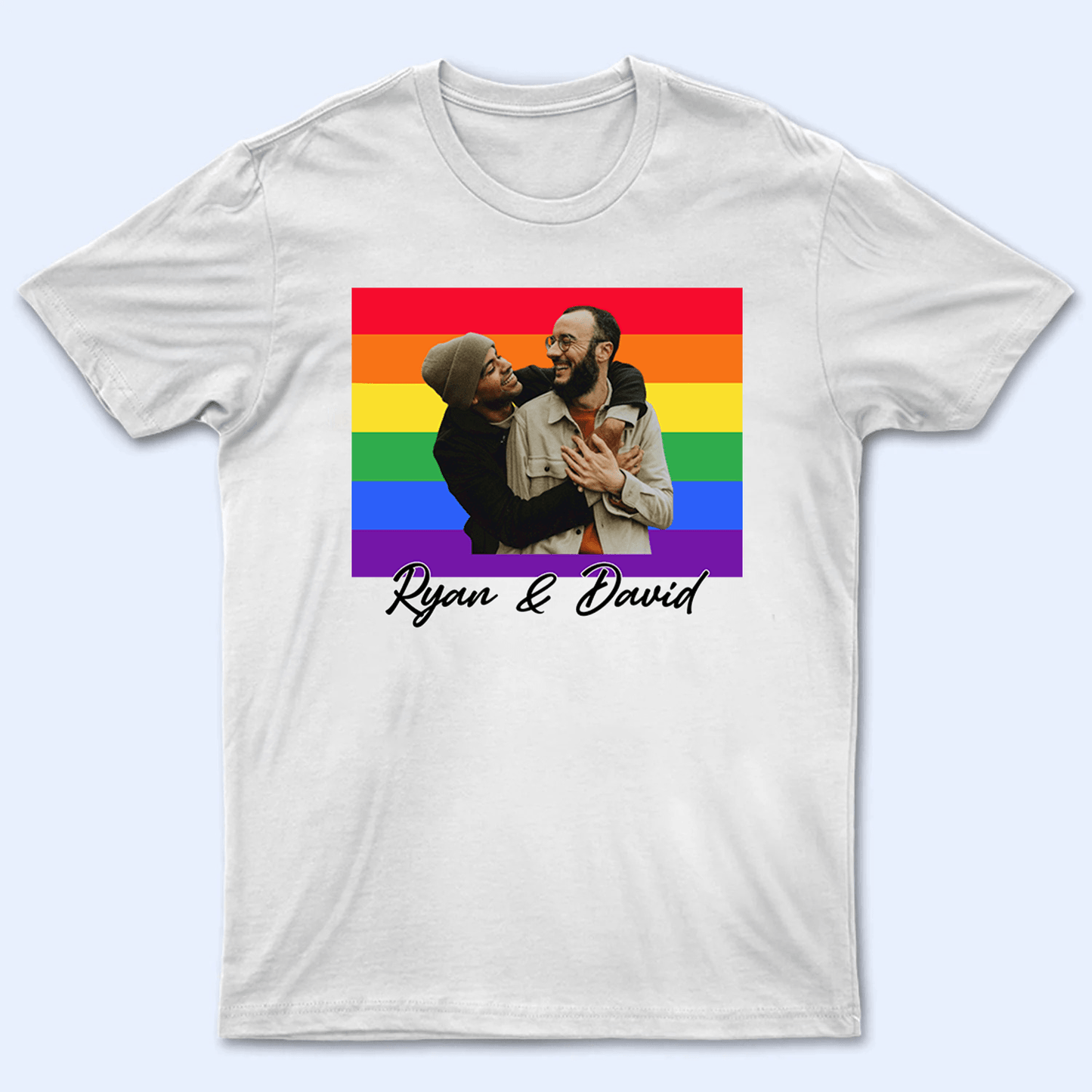 Custom Photo Love Is Love Pride Flag LGBT Couple | Personalized Gift For Pride Month, Valentine, Anniversary, Husband Wife, Girlfriend, Boyfriend, Her/Him, Family | T-shirts