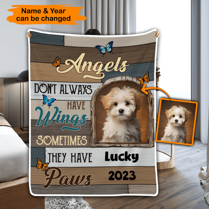 Custom Photo Memorial Angels Sometimes They Have Paws | Personalized Sympathy Gifts for Pet Lovers, Dog Mom, Dog Dad, Cat Mom, Cat Dad | Blanket