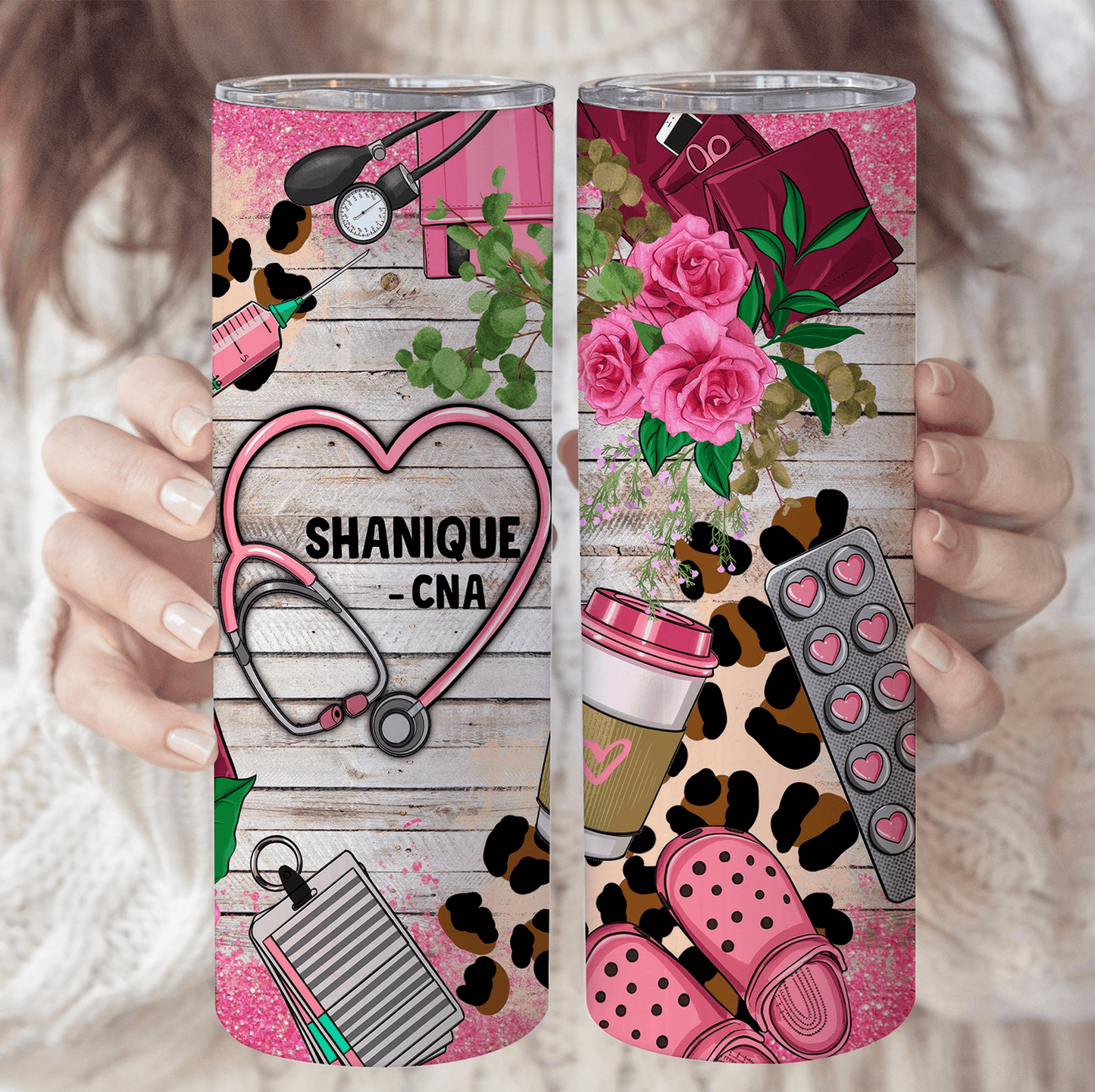 Pink Leopard Prints Lace Floral Nurse - Personalized Custom 20oz Skinny Tumbler Cup - Birthday, Loving, Funny Gift for Nurse, CNA, Healthcare, Registered RN