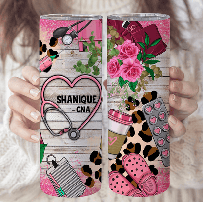Pink Leopard Prints Lace Floral Nurse - Personalized Custom 20oz Skinny Tumbler Cup - Birthday, Loving, Funny Gift for Nurse, CNA, Healthcare, Registered RN