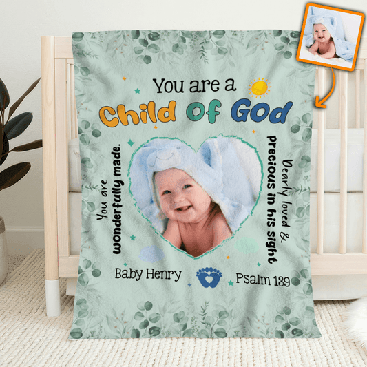 Customized Newborn Photo Blanket, Personalized Gift with Name & Picture - You Are A Child Of God | New Infant, Baby Girl, Boy, Granddaughter, Grandson