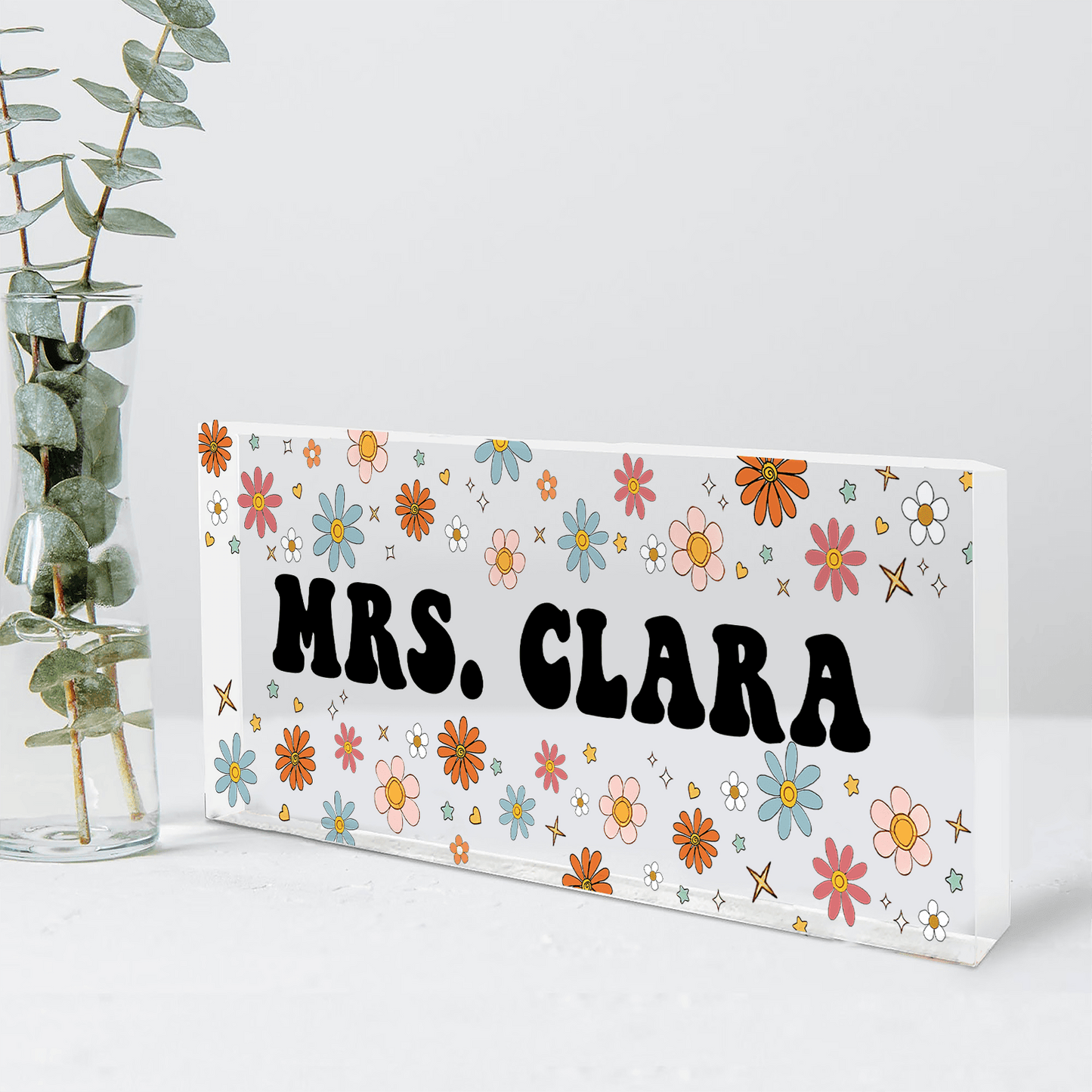 Flower Teacher Name - Personalized Custom Desk Name Plate, Name Sign, Acrylic Plaque - Back To School/First Day Of School, Birthday, Loving, Funny Gift for Teacher, Kindergarten, Preschool, Pre K, Paraprofessional