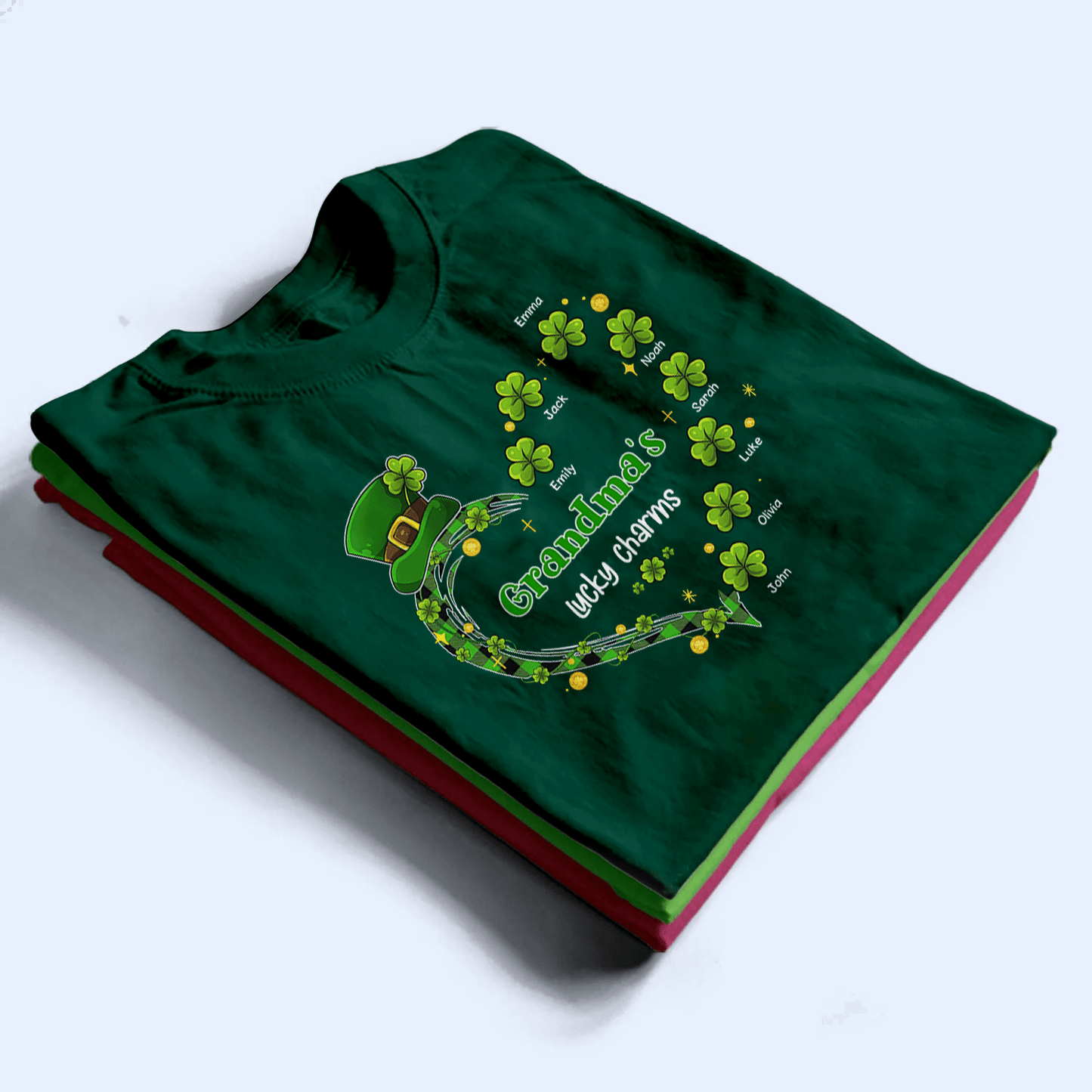 Grandma's Lucky Charms Shamrock St. Patrick's Day - Personalized Custom T Shirt - St. Patrick's Day, Birthday, Loving, Funny Gift for Grandma/Nana/Mimi, Mom, Wife, Grandparent