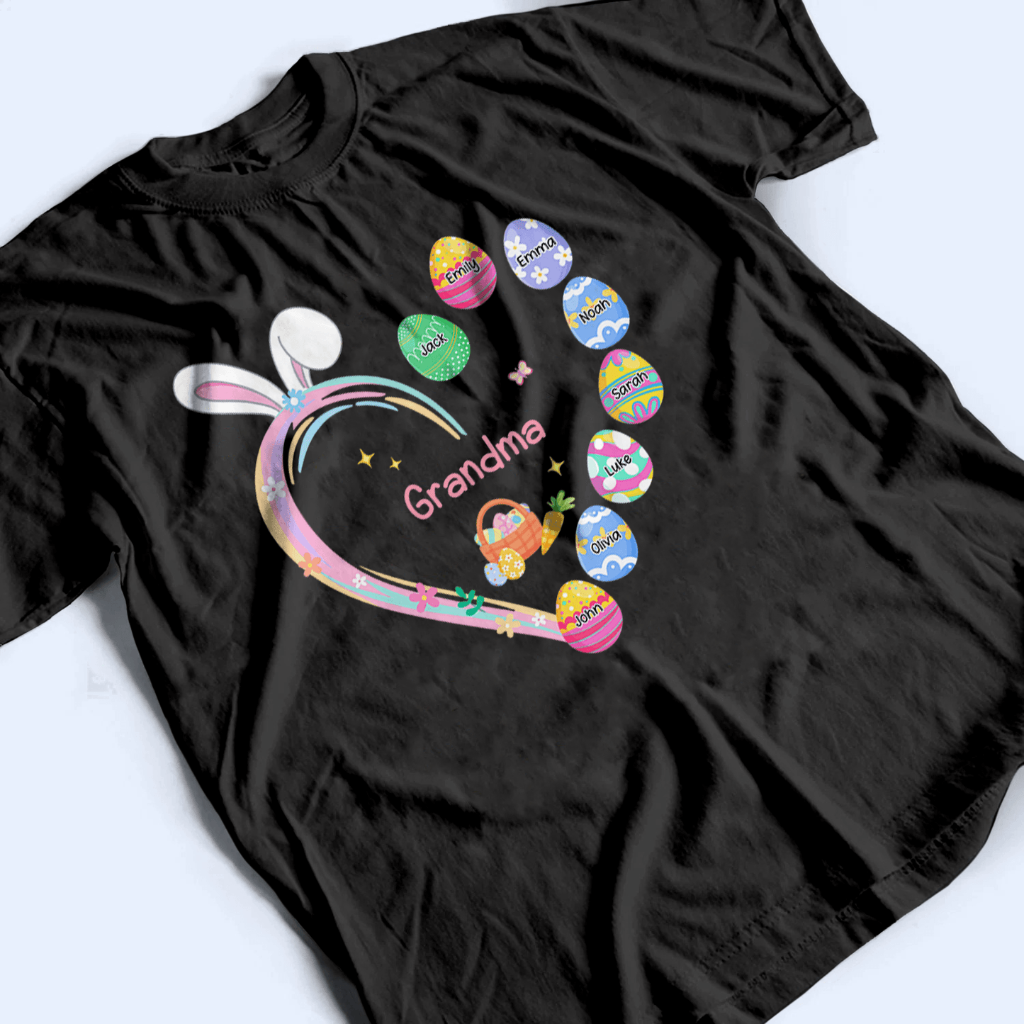 Grandma Easter Heart With Grandkids Bunny - Personalized Custom T Shirt - Easter, Birthday, Loving, Funny Gift for Grandma/Nana/Mimi, Mom, Wife, Grandparent