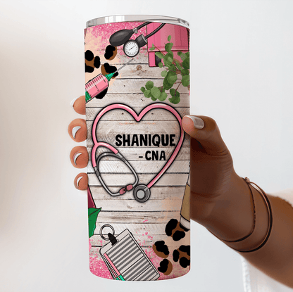 Pink Leopard Prints Lace Floral Nurse - Personalized Custom 20oz Skinny Tumbler Cup - Birthday, Loving, Funny Gift for Nurse, CNA, Healthcare, Registered RN