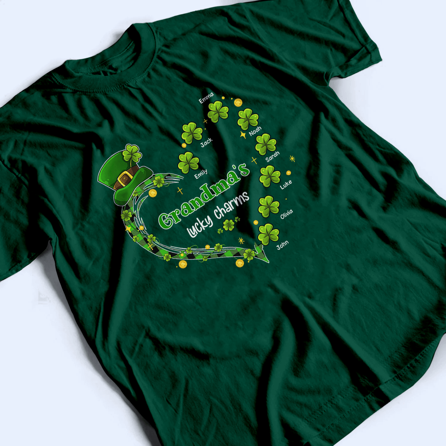 Grandma's Lucky Charms Shamrock St. Patrick's Day - Personalized Custom T Shirt - St. Patrick's Day, Birthday, Loving, Funny Gift for Grandma/Nana/Mimi, Mom, Wife, Grandparent