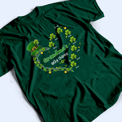Grandma's Lucky Charms Shamrock St. Patrick's Day - Personalized Custom T Shirt - St. Patrick's Day, Birthday, Loving, Funny Gift for Grandma/Nana/Mimi, Mom, Wife, Grandparent