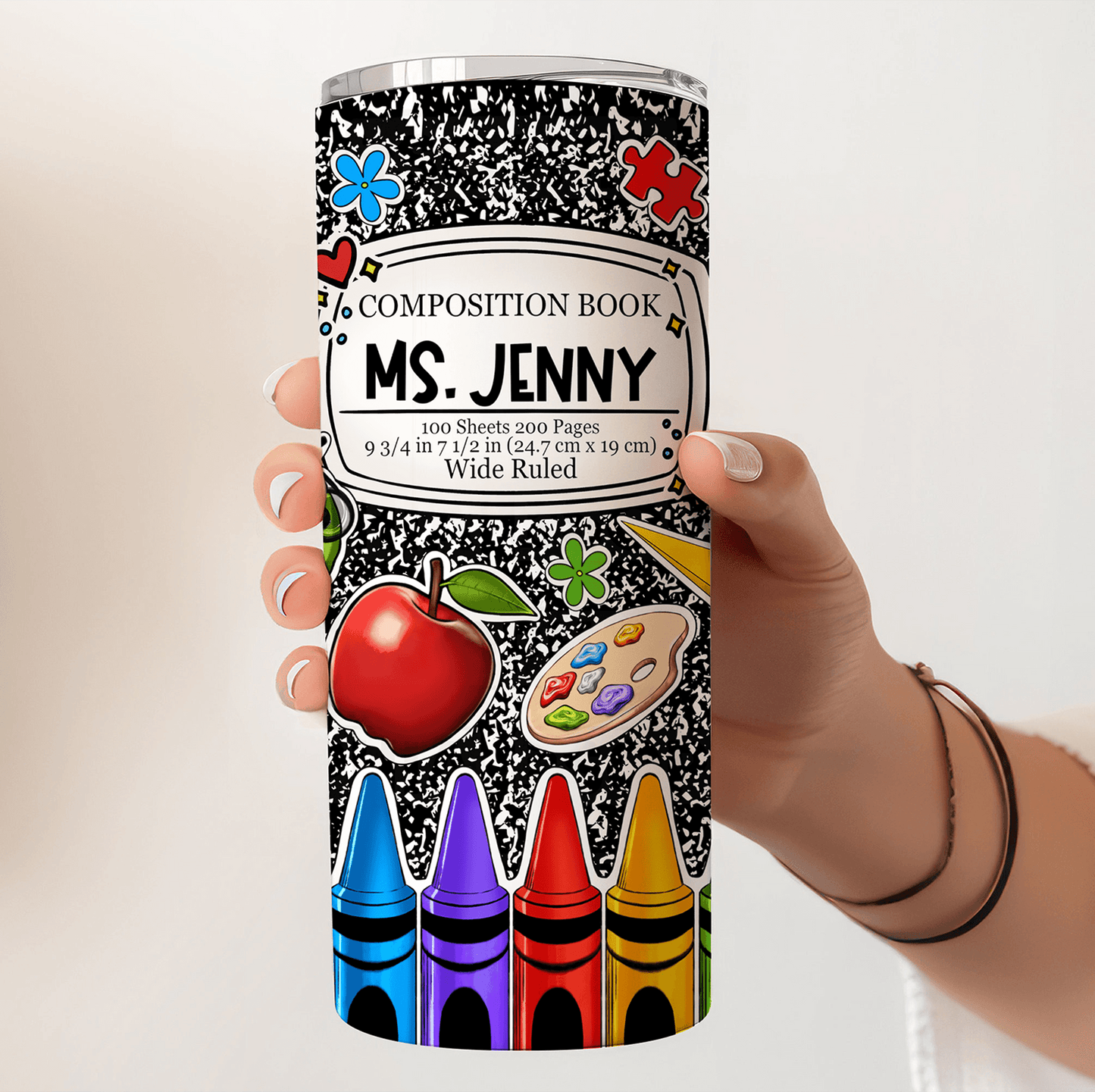 Composition Book Tumbler For Teachers - Personalized Custom 20oz Skinny Tumbler Cup - Back To School/ First Day Of School, Loving, Funny Gift for Teacher, Kindergarten, Preschool, Pre K, Paraprofessional
