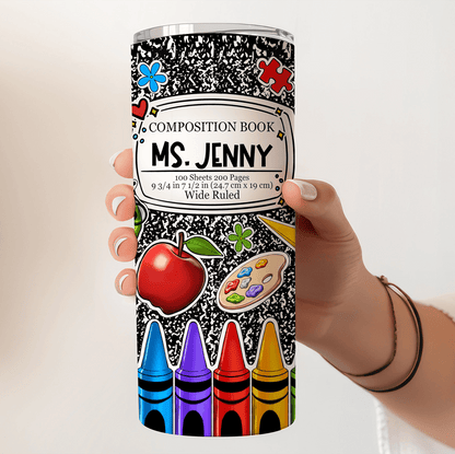 Composition Book Tumbler For Teachers - Personalized Custom 20oz Skinny Tumbler Cup - Back To School/ First Day Of School, Loving, Funny Gift for Teacher, Kindergarten, Preschool, Pre K, Paraprofessional