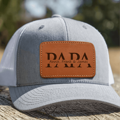 Custom Kids Name Dad Hat for Papas - Personalized Leather Patch Hat, Dad and Kids Trucker Hat - Father's Day Gift for Daddy, Dada, Grandpa