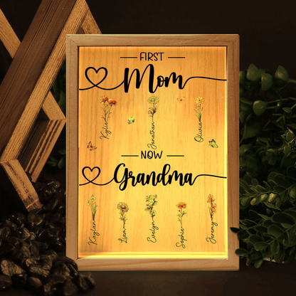 First Mom Now Grandma - Custom Birth Month Flower - Personalized Gift for Grandma - LED Night Lamp, Mother's Day, Birthday | Frame Light Box