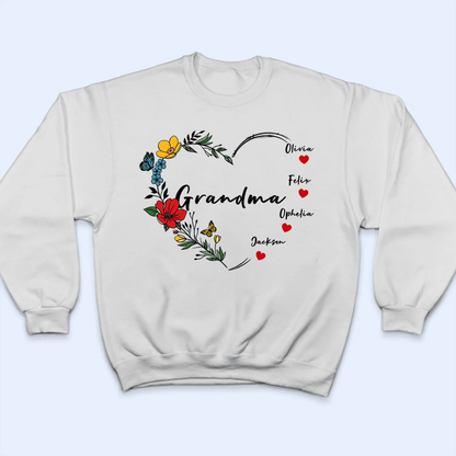 Floral Flower Wreath Valentines Day Hearts - Personalized Custom T Shirt - Gift for Grandma/Nana/Mimi, Mom, Wife, Grandparent