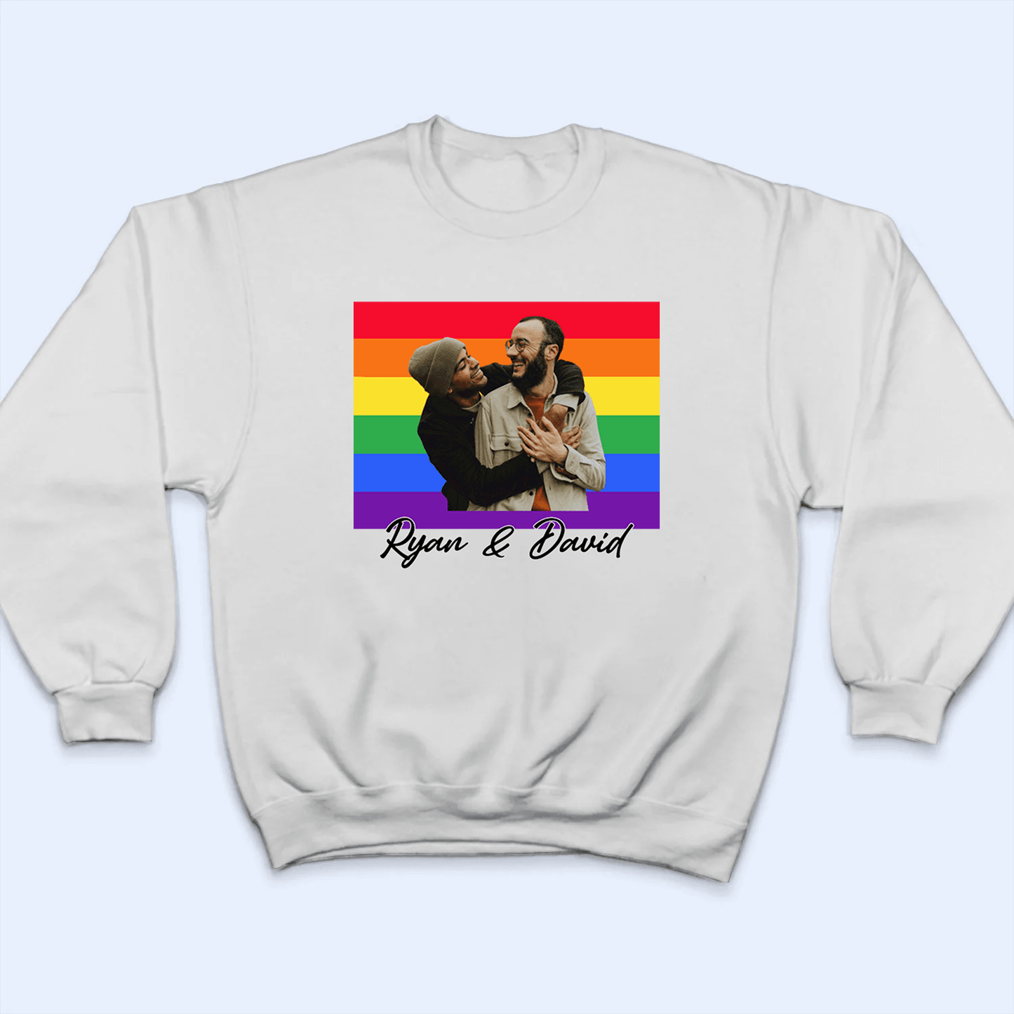 Custom Photo Love Is Love Pride Flag LGBT Couple | Personalized Gift For Pride Month, Valentine, Anniversary, Husband Wife, Girlfriend, Boyfriend, Her/Him, Family | T-shirts