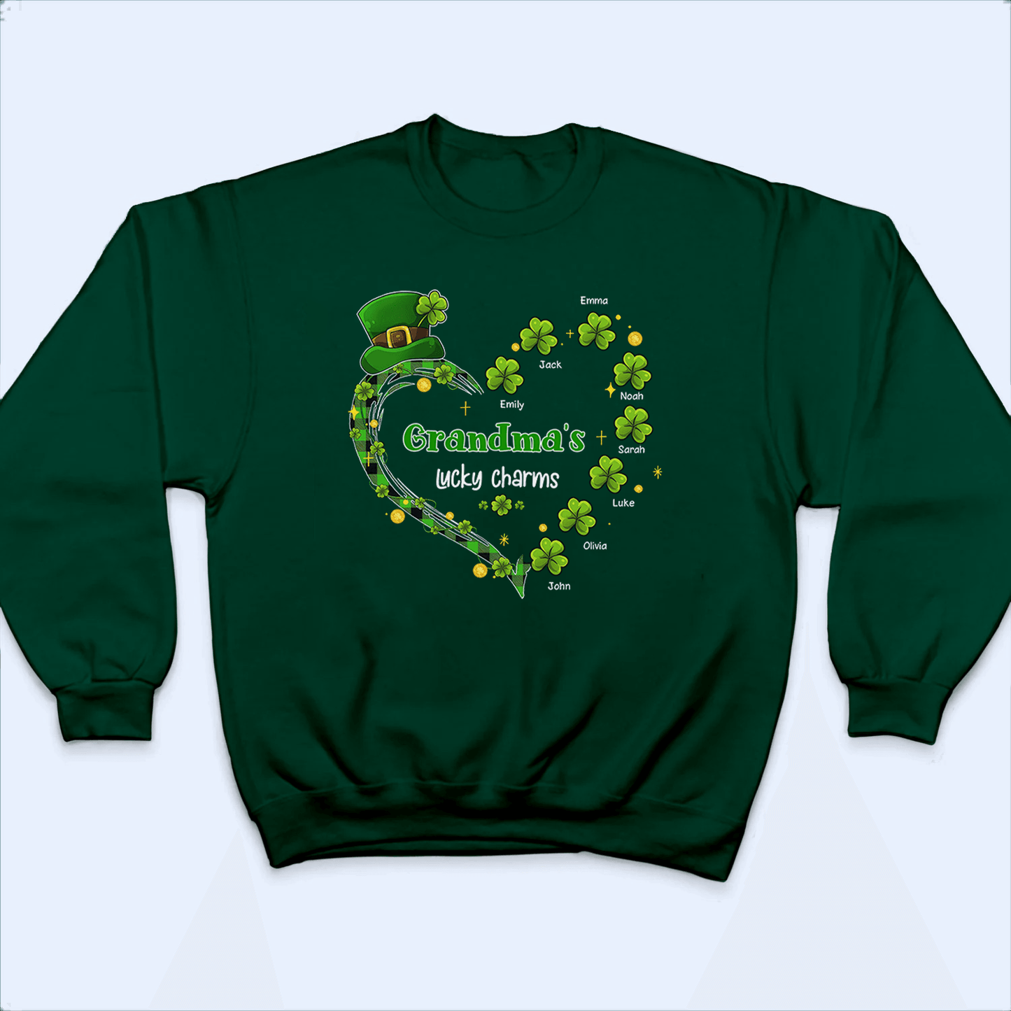 Grandma's Lucky Charms Shamrock St. Patrick's Day - Personalized Custom T Shirt - St. Patrick's Day, Birthday, Loving, Funny Gift for Grandma/Nana/Mimi, Mom, Wife, Grandparent