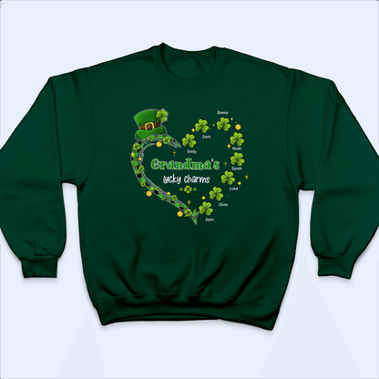 Grandma's Lucky Charms Shamrock St. Patrick's Day - Personalized Custom T Shirt - St. Patrick's Day, Birthday, Loving, Funny Gift for Grandma/Nana/Mimi, Mom, Wife, Grandparent