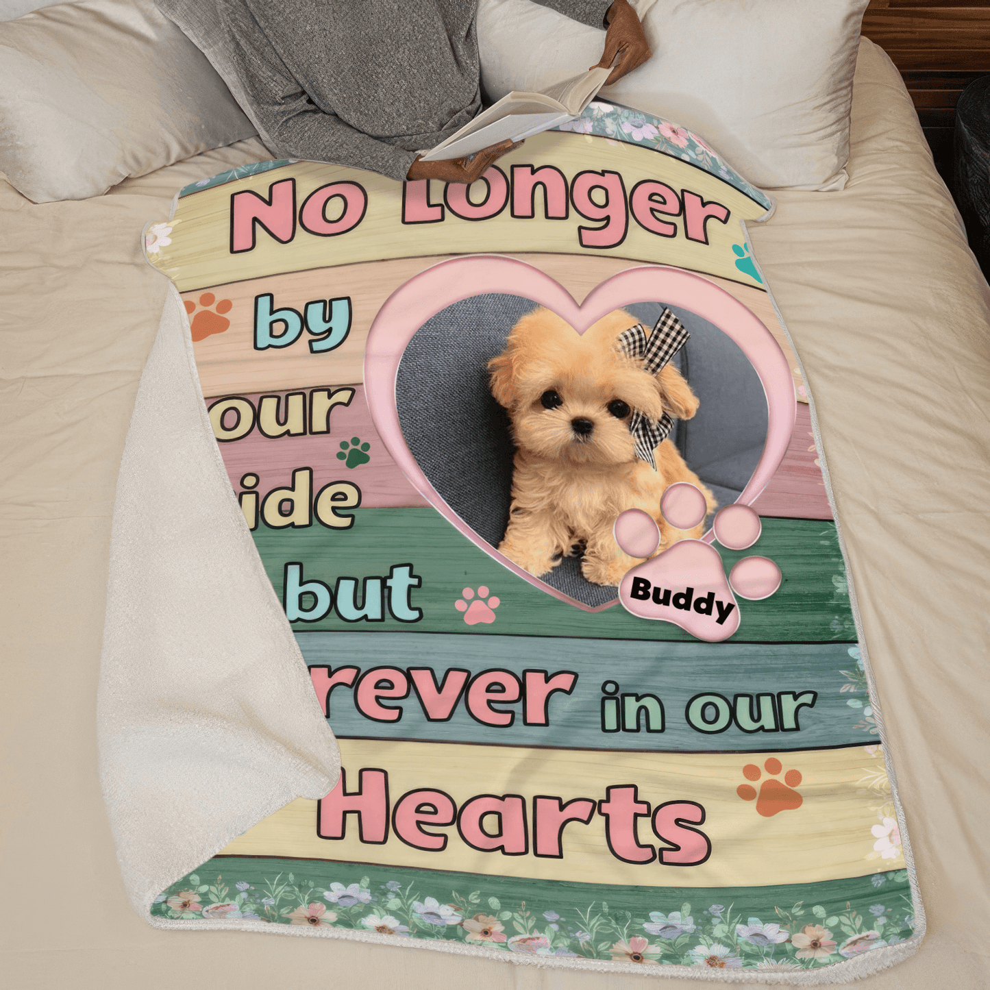 Custom Photo No Longer By Our Side But Forever In Our Hearts | Personalized Sympathy Gift for Pet Lovers, Dog Mom, Dog Dad, Cat Mom, Cat Dad | Blanket
