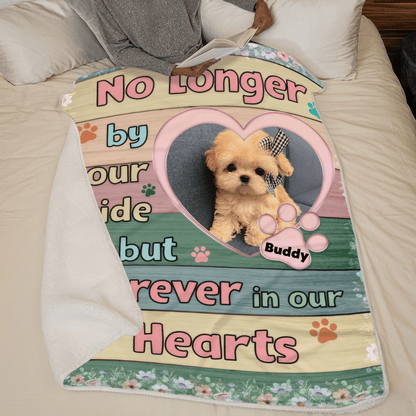 Custom Photo No Longer By Our Side But Forever In Our Hearts | Personalized Sympathy Gift for Pet Lovers, Dog Mom, Dog Dad, Cat Mom, Cat Dad | Blanket