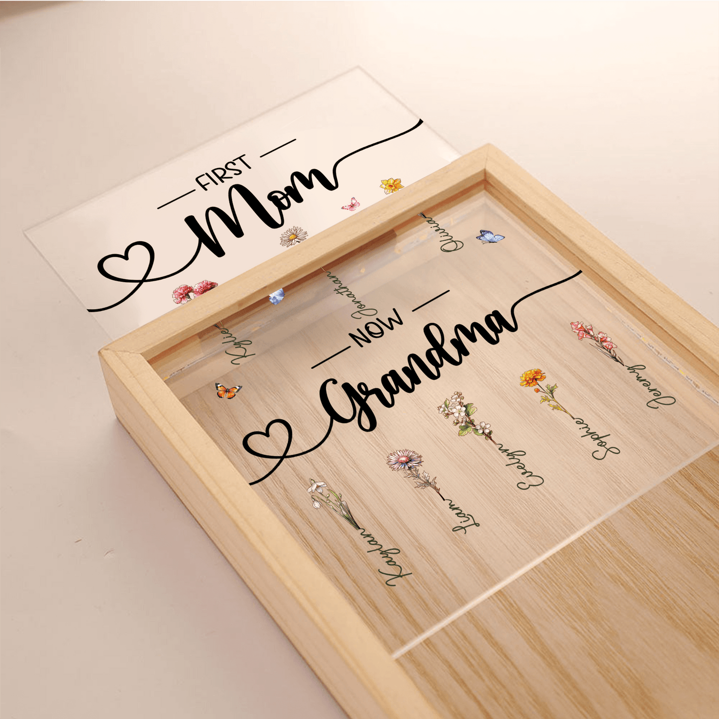First Mom Now Grandma - Custom Birth Month Flower - Personalized Gift for Grandma - LED Night Lamp, Mother's Day, Birthday | Frame Light Box