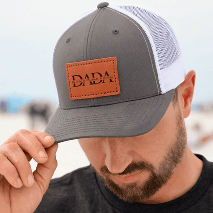 Custom Kids Name Dad Hat for Dadas - Personalized Leather Patch Hat, Dad and Kids Trucker Hat - Father's Day Gift for Dad, Papa, Grandpa, Daddy, Dada