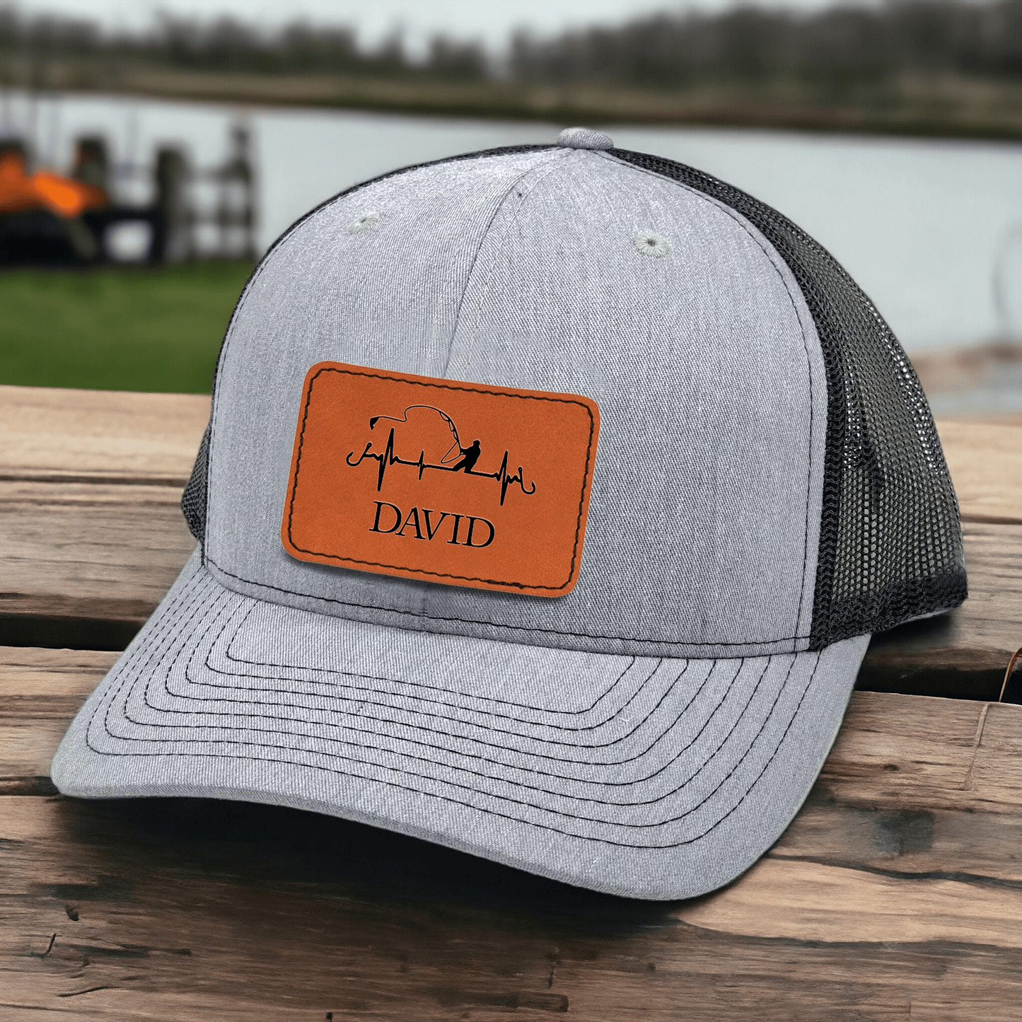 Fishing Trucker Hat - Personalized Leather Patch Hat - Father's Day Gift for Him, Husband, Daddy, Fishing Lovers