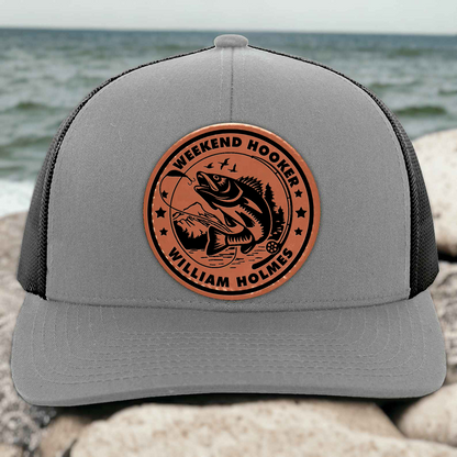 Weekend Hooker Funny Fishing - Personalized Leather Patch Hat - Gift for Him, Husband, Daddy, Fishing Lovers