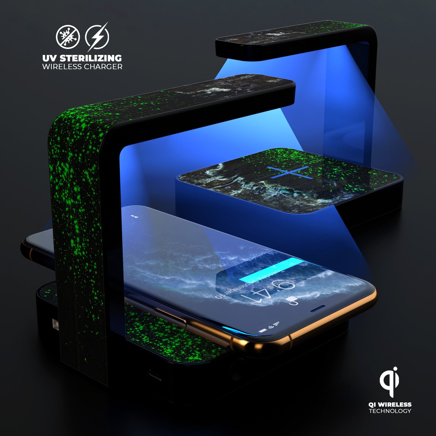 Grungy Green and Black Wood Surface UV Germicidal Sanitizing