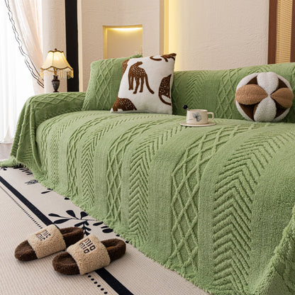 Plush Sherpa Fleece Sofa Cover with 3D Cable Knit Texture, Soft Cozy Throw Blanket