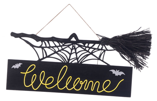 20" Light Up - WELCOME Broom Spiderweb - Wall Decor