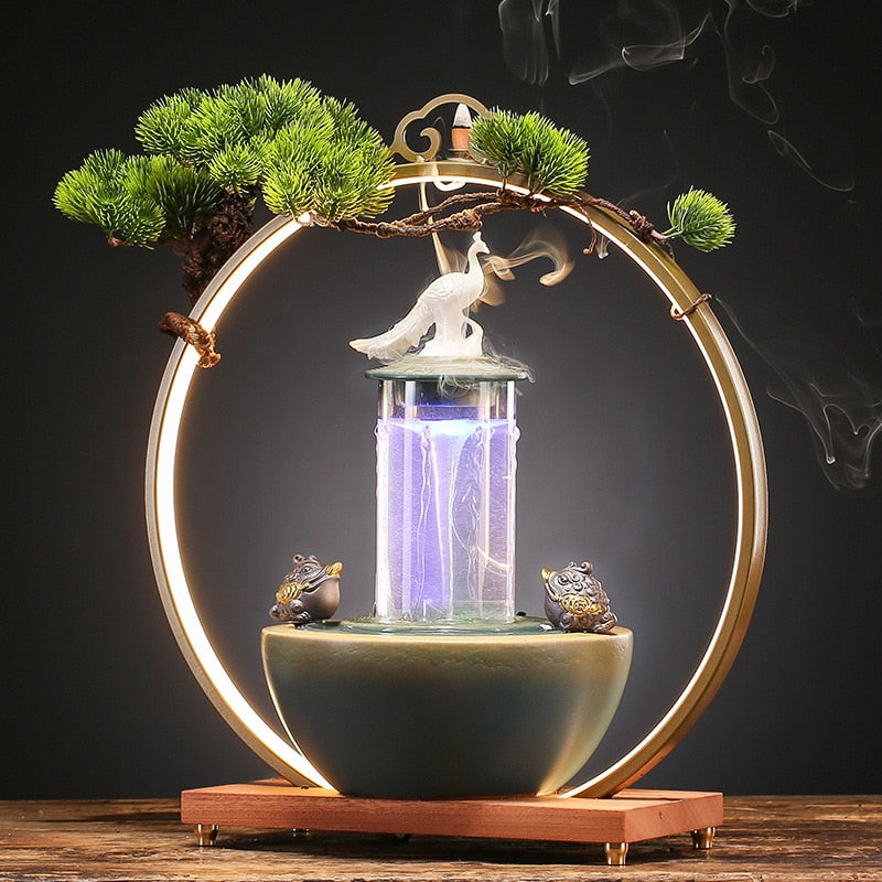 Lucky Pheasant Round LED Backflow Incense Burner With Flowing Water Fortune Fountain