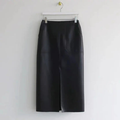 Slim Straight Faux Leather Skirt Women Chic Split Design Fashion