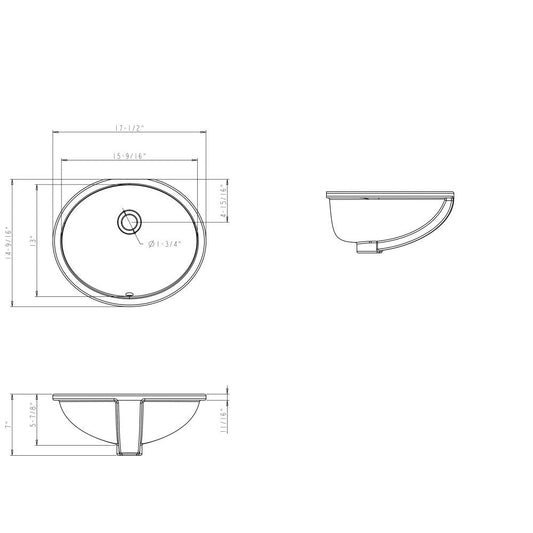 15-9/16" L x 13" W  White Oval Undermount Porcelain Bathroom Sink With Overflow