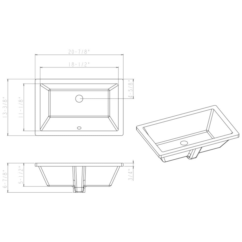 18-1/2" L x 11-1/8" W White Rectangle Undermount Porcelain Bathroom Sink With Overflow