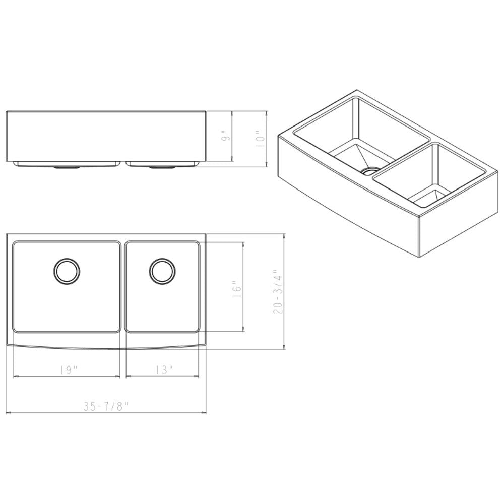 35-7/8" L x 20-3/4" W x 10" D Apron-front/Farmhouse Front 16 Gauge Stainless Steel 60/40 Double Bowl Sink