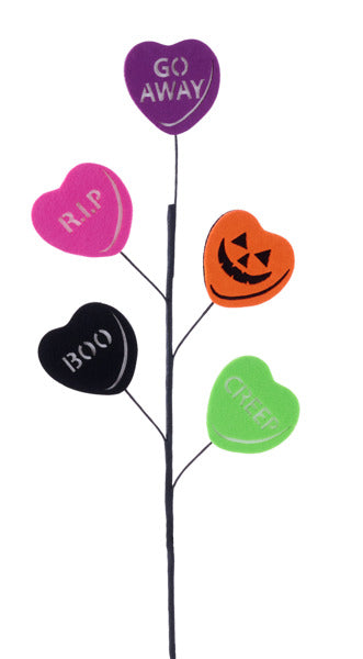 23"L FELT HALLOWEEN CANDY HEART SPRAY X5 PRPL/PNK/ORG/BLK/LIME