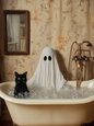 12x16 GHOST WITH CAT BATHROOM - BOXWOOD FRAME