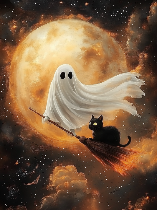18x24 FLYING GHOST BROOM CAT - BOXWOOD FRAME